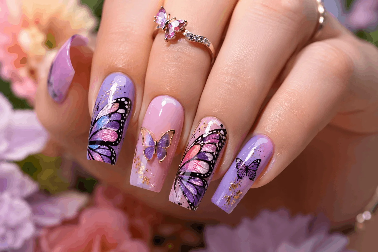 11 Fresh Spring Square Nails to Try This Season 9 Pastel spring square nails with butterfly nail art accents