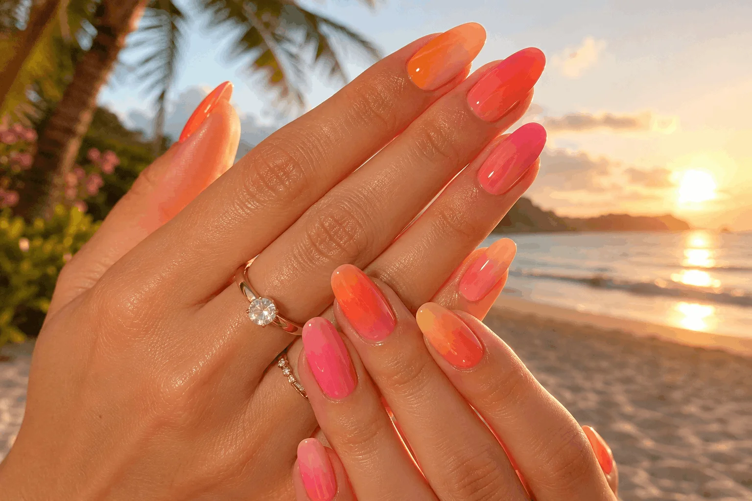 11 August Nails Everyone Will Be Wearing This Summer 2 Peachy sunset ombre August nails with glossy summer colors
