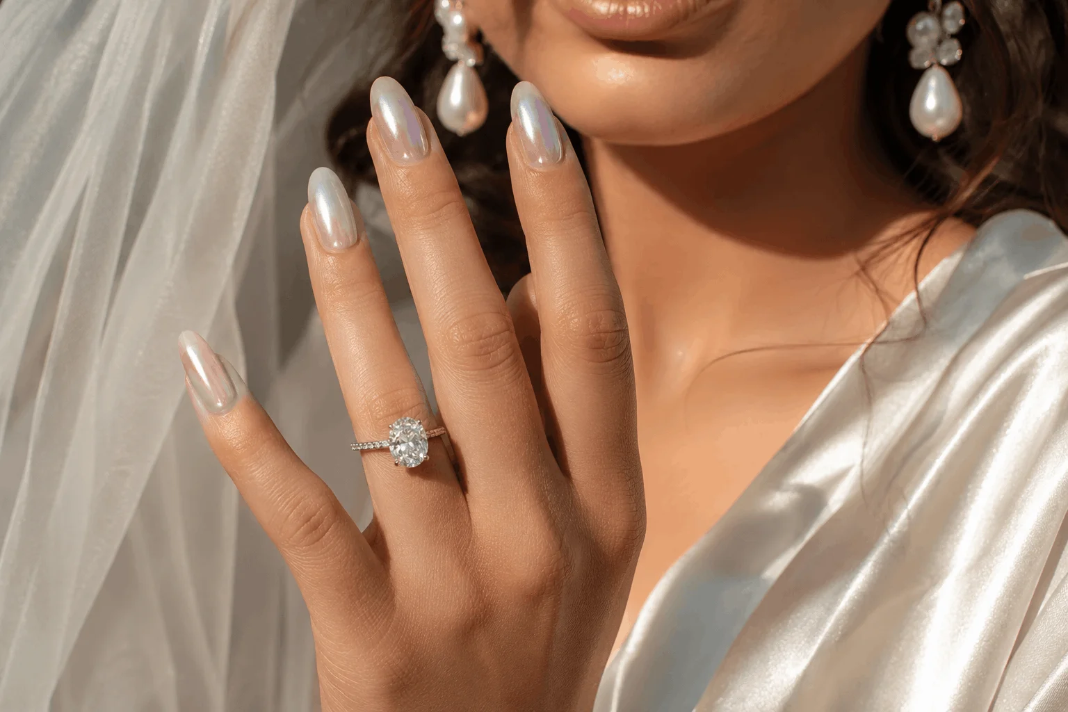 10 Summer Wedding Nails That Look So Elegant 7 Pearl chrome summer wedding nails with luxurious bridal elegance
