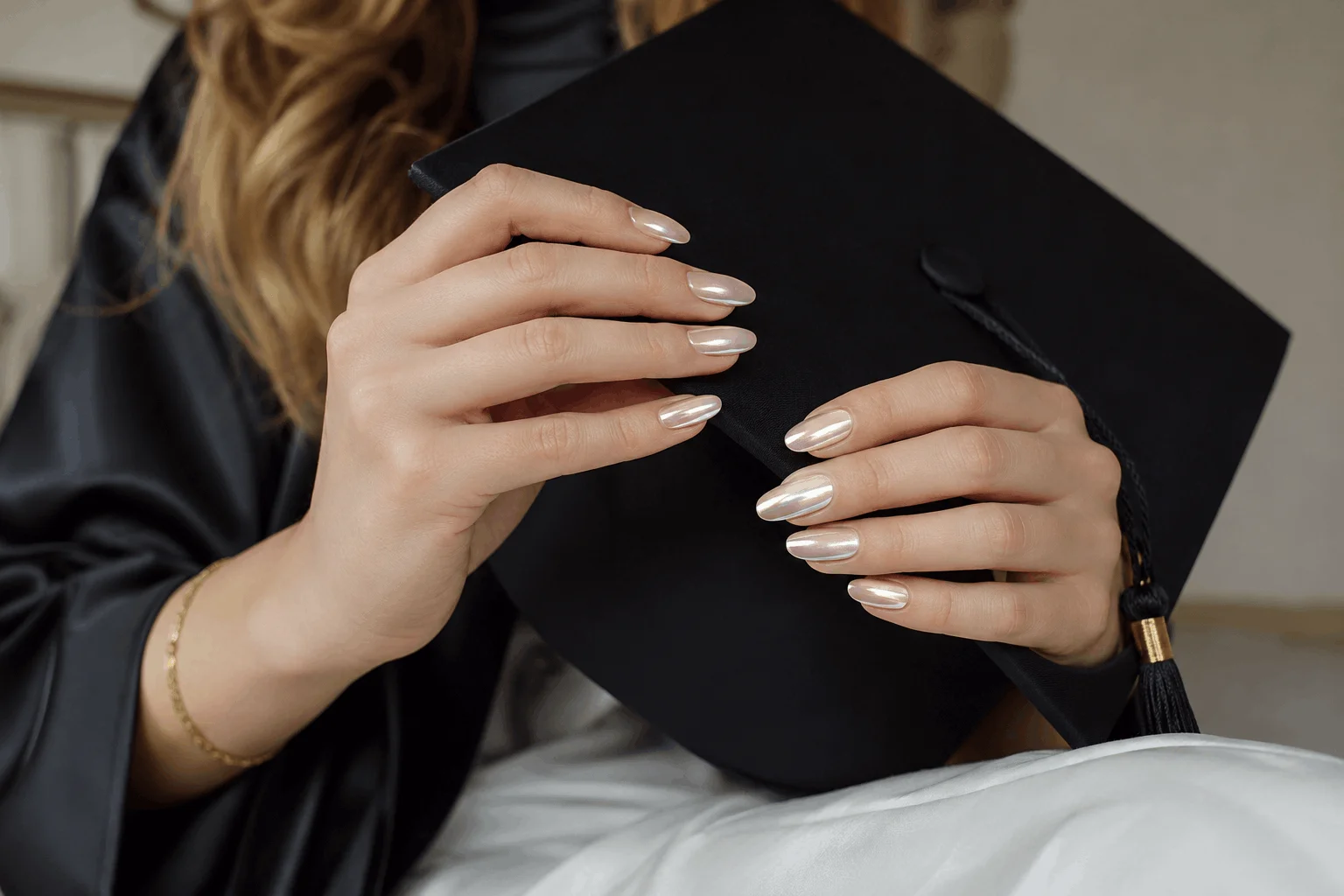 12 Cute Graduation Nails Perfect for Graduation Season 8 Pearly chrome graduation nails with elegant iridescent shine