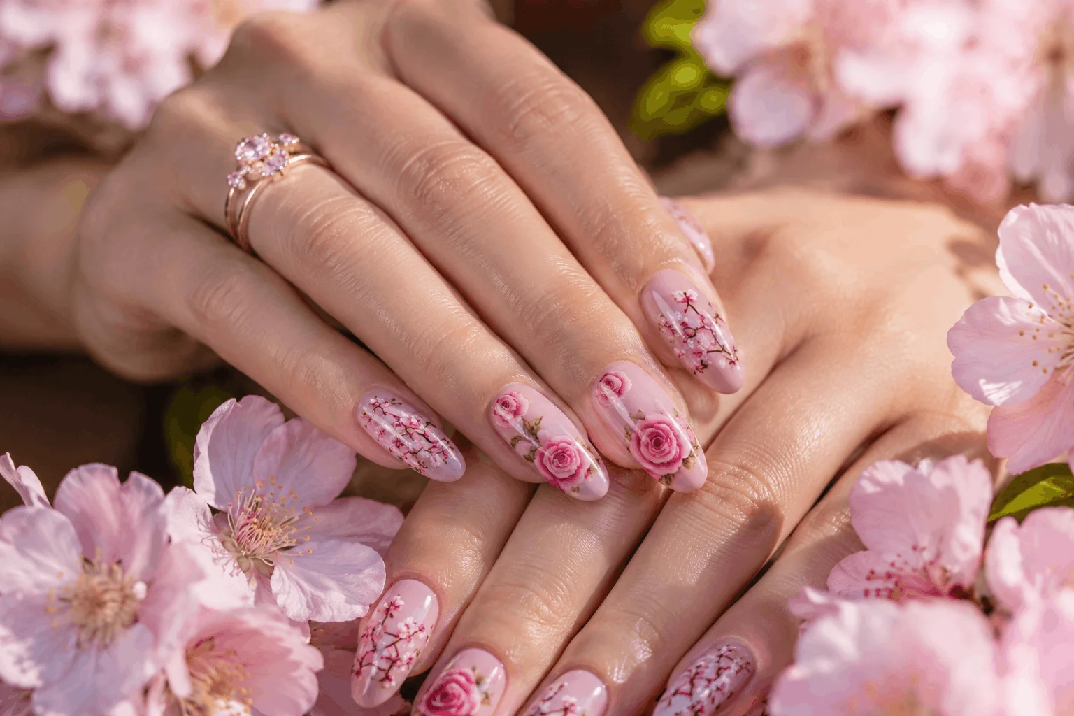 10 Eye-Catching Pink Nails & Hot Pink Gel Styles 9 Pink floral nail art with delicate flower details
