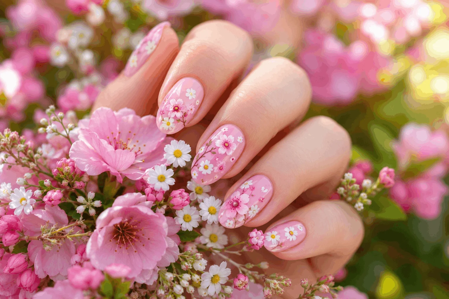 10 Spring Pink Manicure Ideas Everyone Will Be Saving 4 Pink floral nail art with spring flower designs