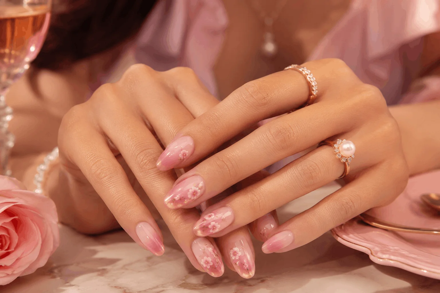 11 Summer Nails With Flowers You’ll Want ASAP 6 Pink floral ombre nails with romantic summer style