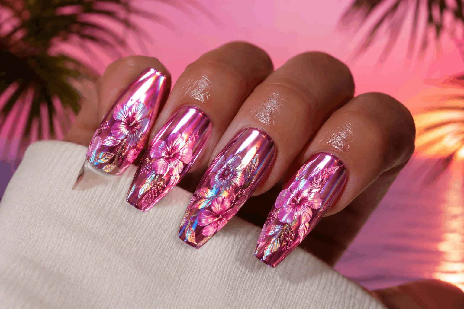 10 Pink Hibiscus Nails That Feel Like Paradise 11 Pink hibiscus chrome nails with futuristic tropical shine