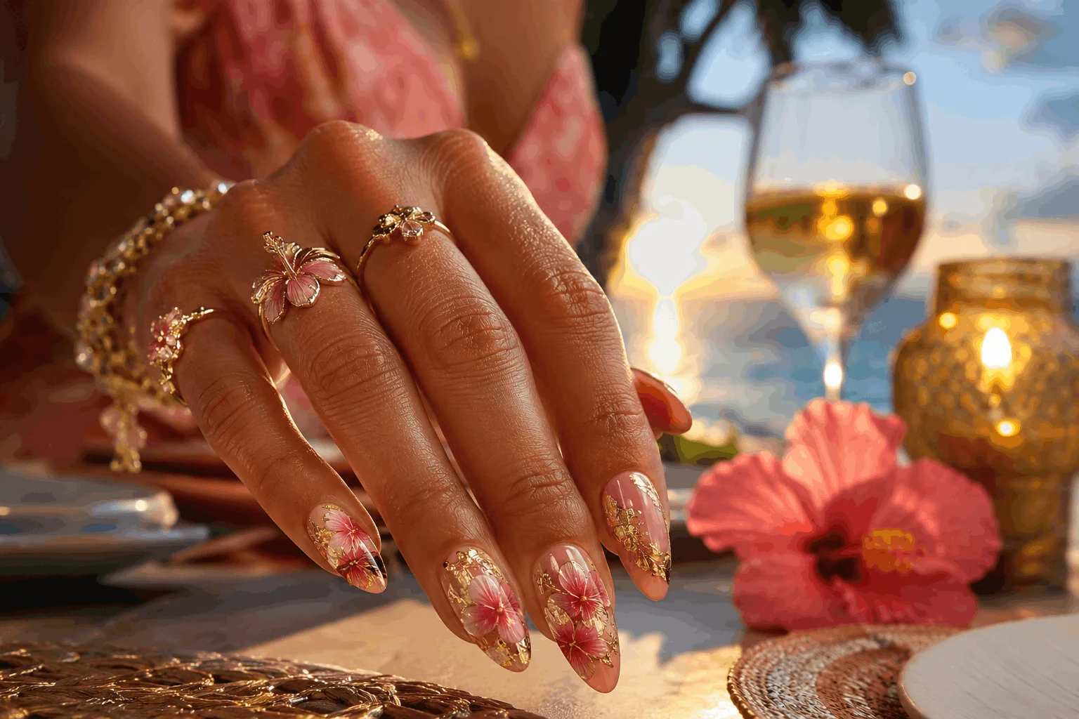 10 Pink Hibiscus Nails That Feel Like Paradise 6 Pink hibiscus nails with gold foil tropical manicure