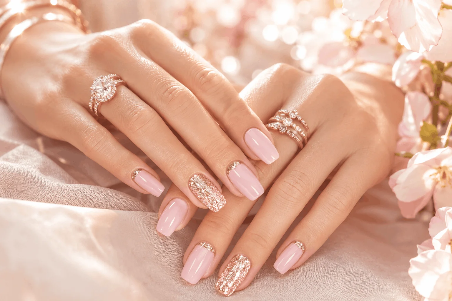10 Spring Pink Manicure Ideas Everyone Will Be Saving 6 Pink manicure with rose gold glitter accent nails