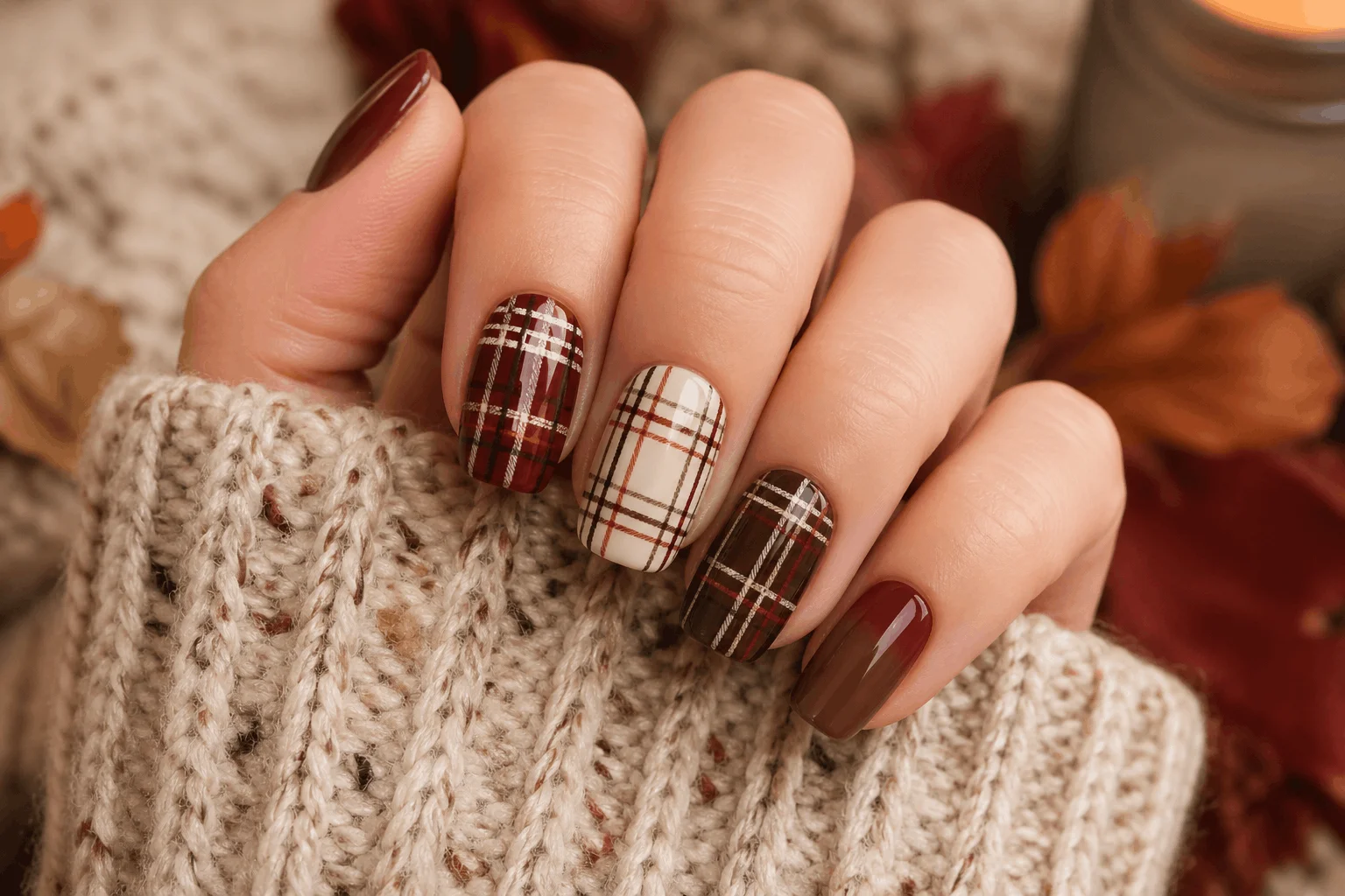 11 Autumn Nails Aesthetic Styles You’ll Copy 6 Plaid autumn nails cozy fall manicure design