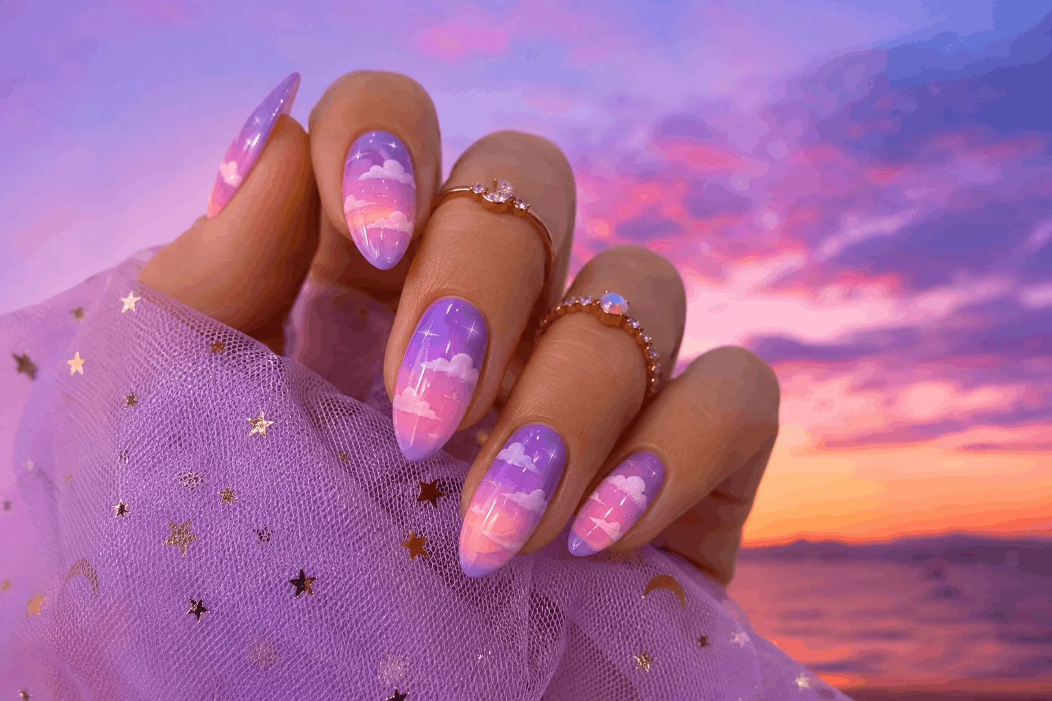 10 Tropical Sunset Nails That Scream Summer Vibes 5 Purple sunset nails with dreamy cloud nail art