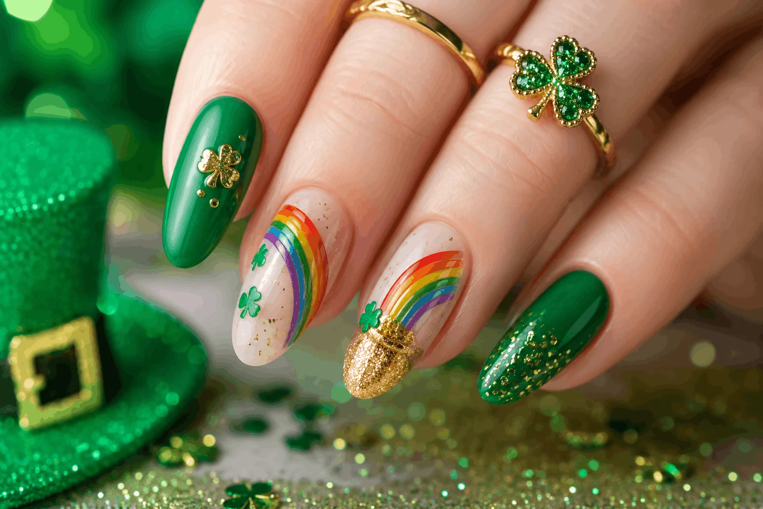 12 Saint Patricks Day Nails That Feel Extra Lucky 6 Rainbow and pot of gold nail art design