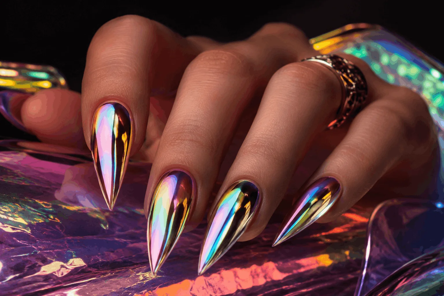 10 Pride Nails Designs That Are Pure Rainbow Magic 7 Rainbow chrome LGBT pride nails design
