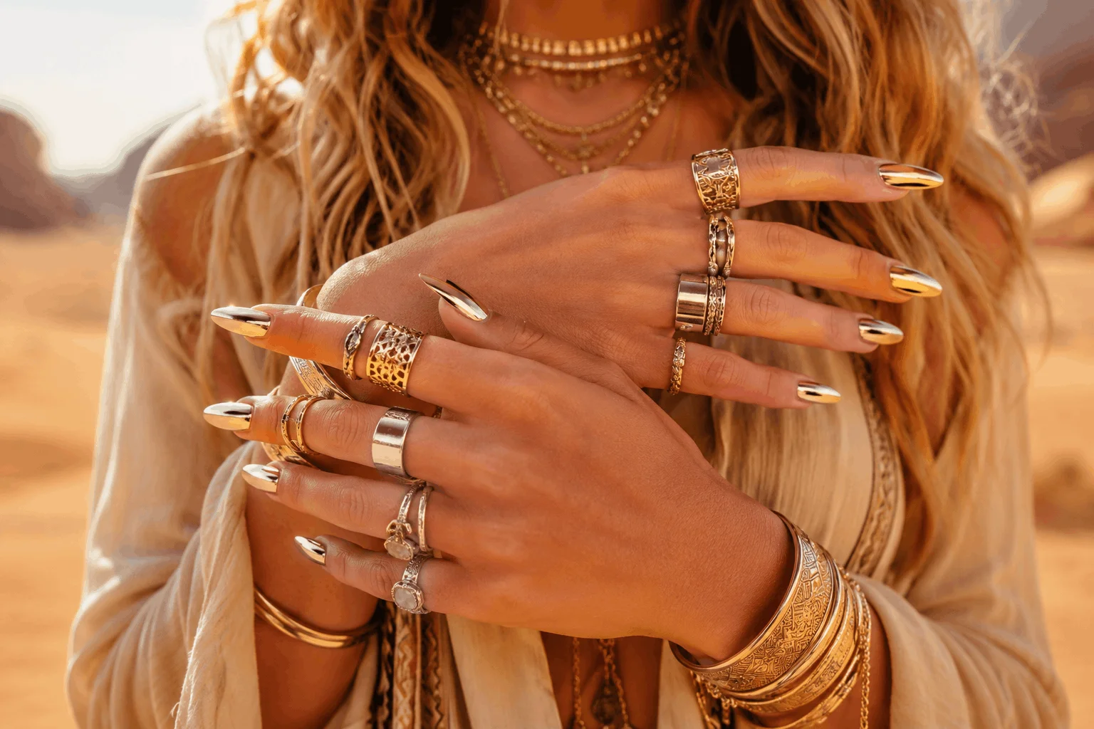 12 Coachella Nails Designs That Steal the Spotlight 3 Reflective gold chrome festival manicure with luxury accessories