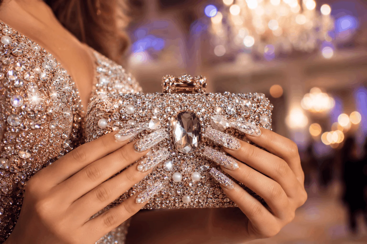 10 Prom Nails Styles Perfect for Your Dream Dress 11 Rhinestone prom nails with glamorous crystal nail art