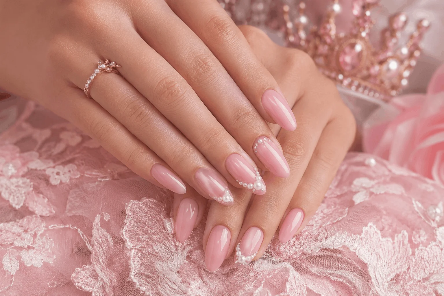 10 Pink Prom Nails That Are Pure Prom Queen 4 Romantic baby pink prom nails with pearl details