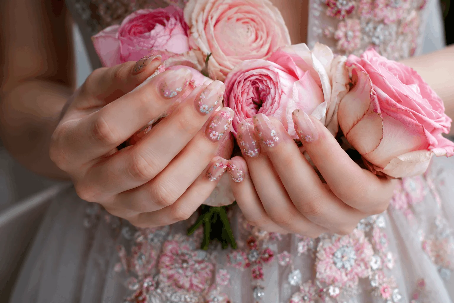 10 Prom Nails Styles Perfect for Your Dream Dress 7 Romantic floral prom nails with pastel flower nail art