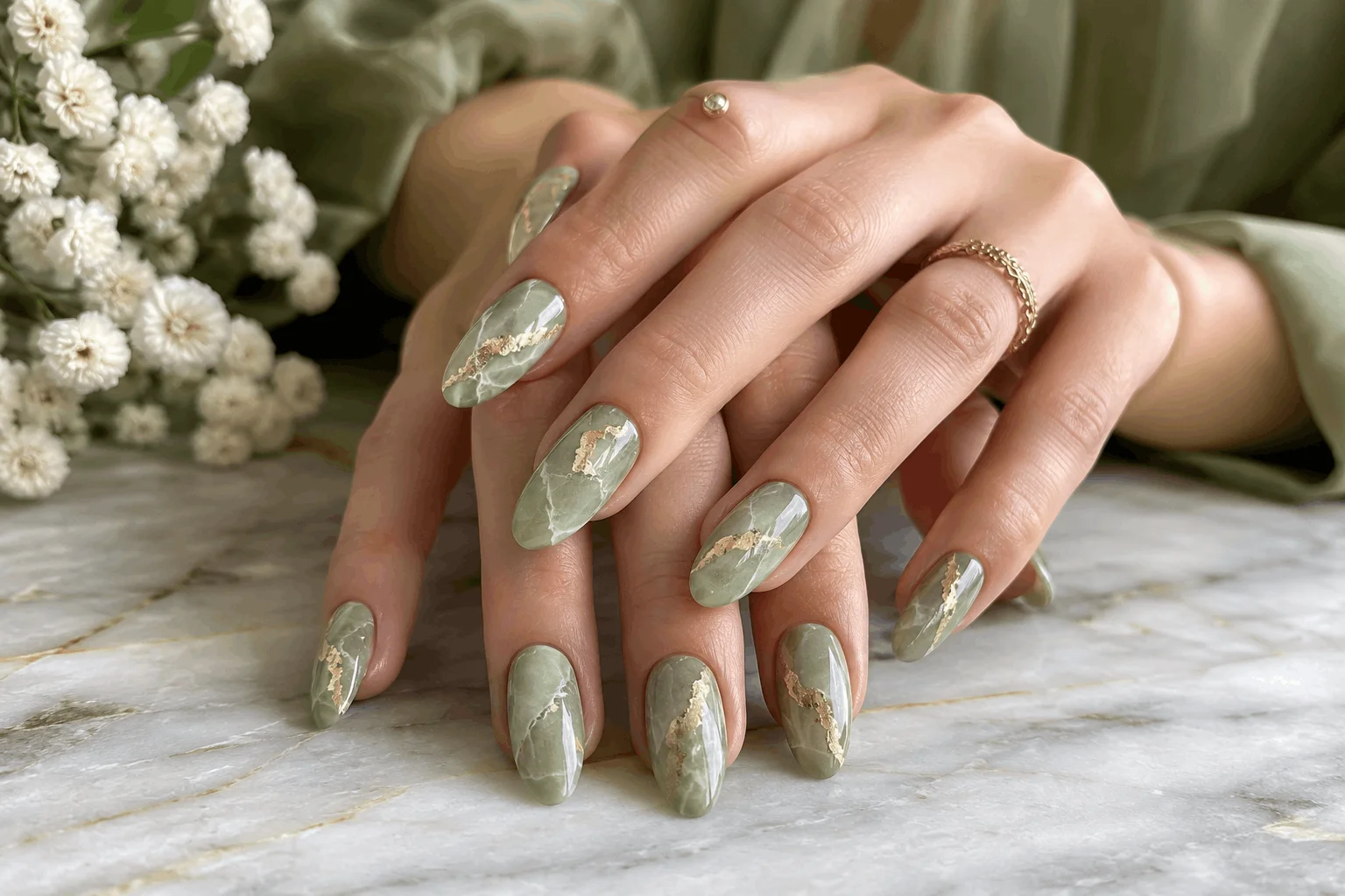 11 Green Spring Nails Everyone Will Copy 8 Sage green marble nails with elegant gold foil details