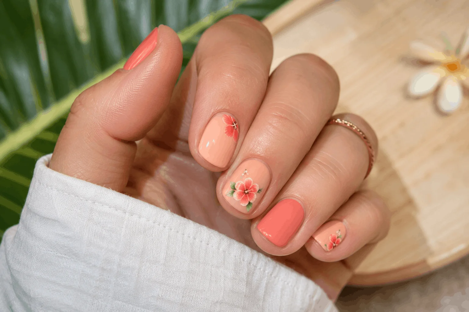 10 Summer Hibiscus Nails You’ll Want Right Away 6 Short hibiscus nails with peach tropical manicure