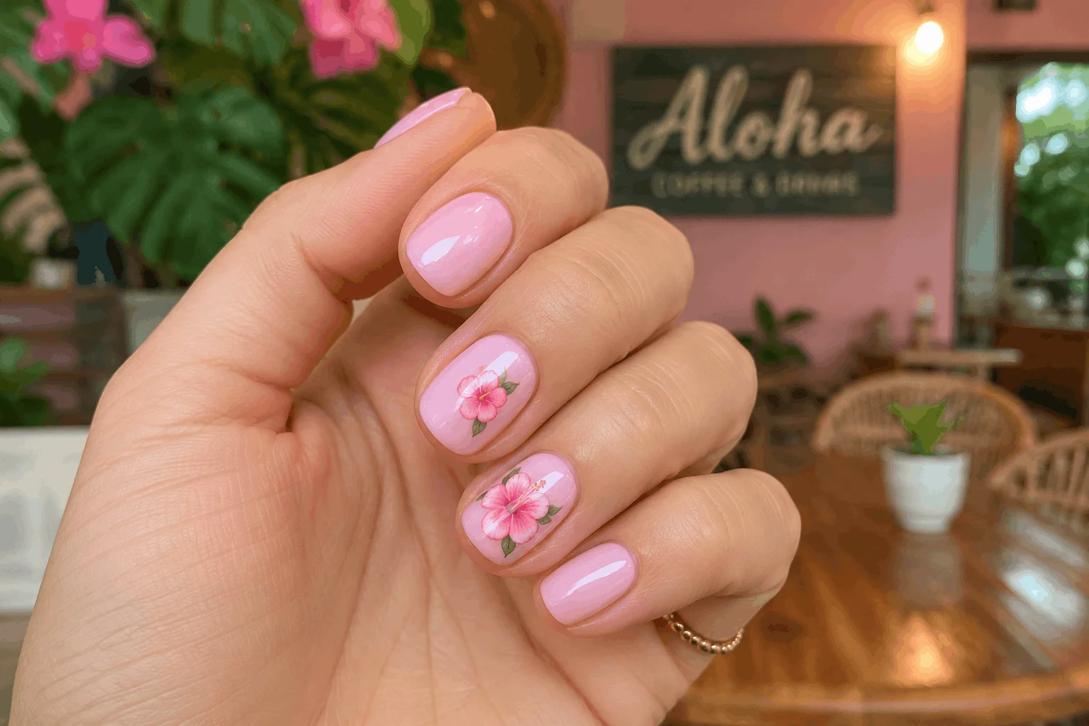 10 Pink Hibiscus Nails That Feel Like Paradise 10 Short pink hibiscus nails with simple tropical floral design