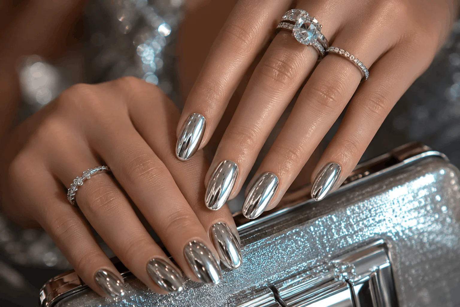 10 Prom Nails Styles Perfect for Your Dream Dress 6 Silver chrome prom nails with futuristic glam style