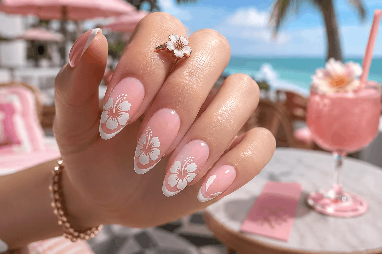 10 Pink Hibiscus Nails That Feel Like Paradise 2 Soft pink hibiscus French tip nails with tropical summer vibe