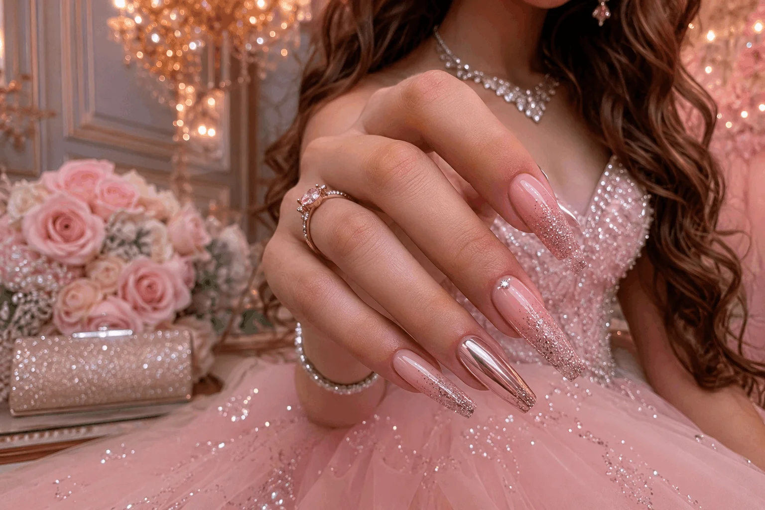 10 Prom Nails Styles Perfect for Your Dream Dress 9 Soft pink prom nails with glitter ombre design