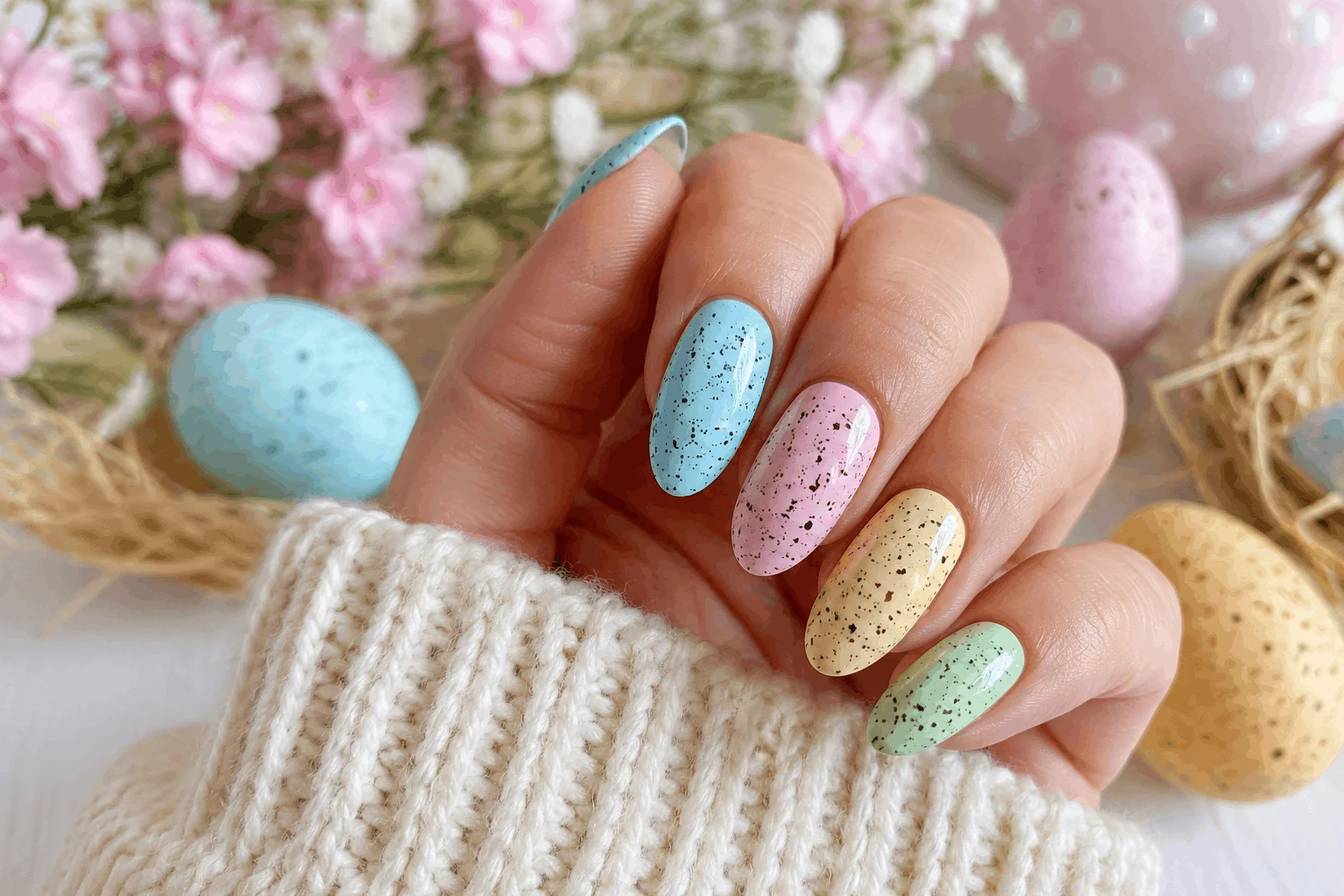 10 April Nails Ideas for a Chic Seasonal Manicure 7 Speckled Easter egg inspired April nail design