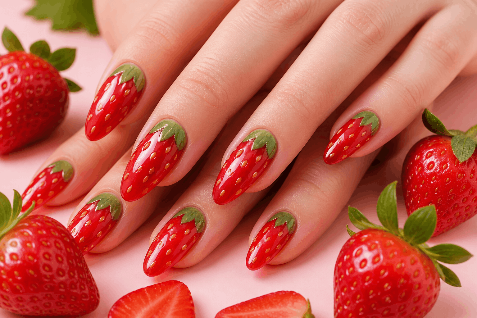 10 Fruit Gel Nails That Look Fresh and Fun 2 Strawberry fruit gel nails cute red nail art design