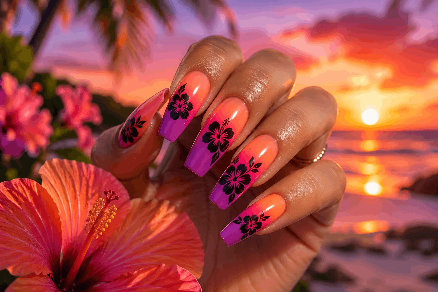 10 Hibiscus Flower on Nails Designs You’ll Love 5 Sunset ombre hibiscus flower nail art design
