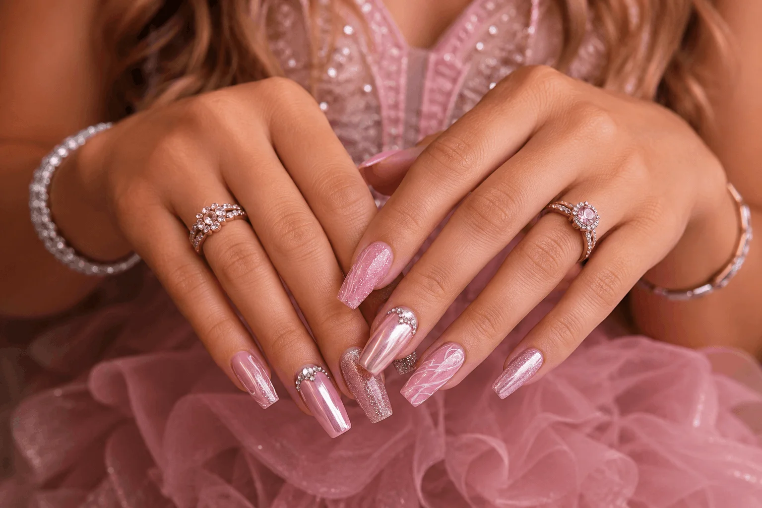 10 Pink Prom Nails That Are Pure Prom Queen 11 Trendy mix and match pink prom nail designs