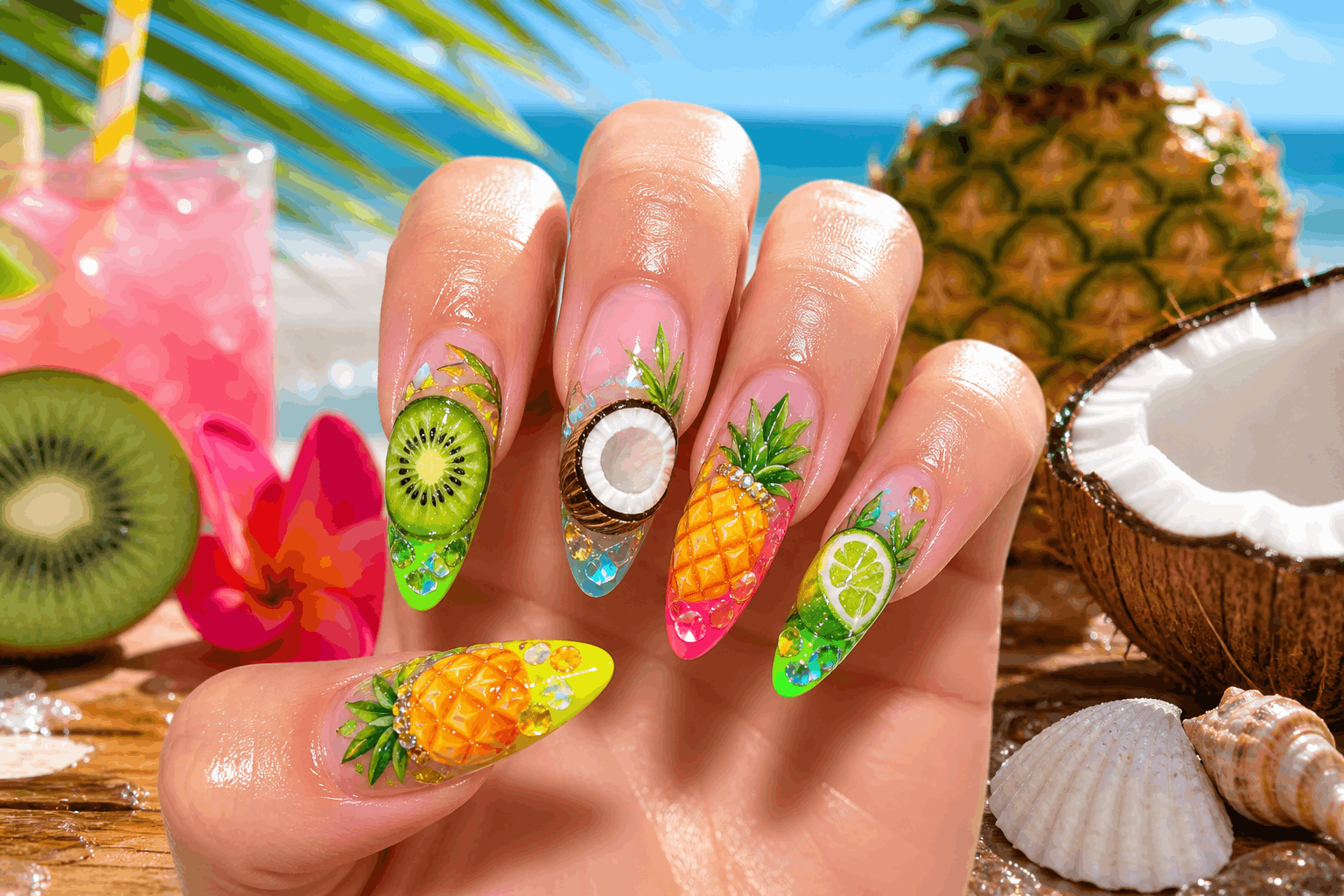 10 Fruit Gel Nails That Look Fresh and Fun 6 Tropical colorful fruit nails with pineapple and kiwi art