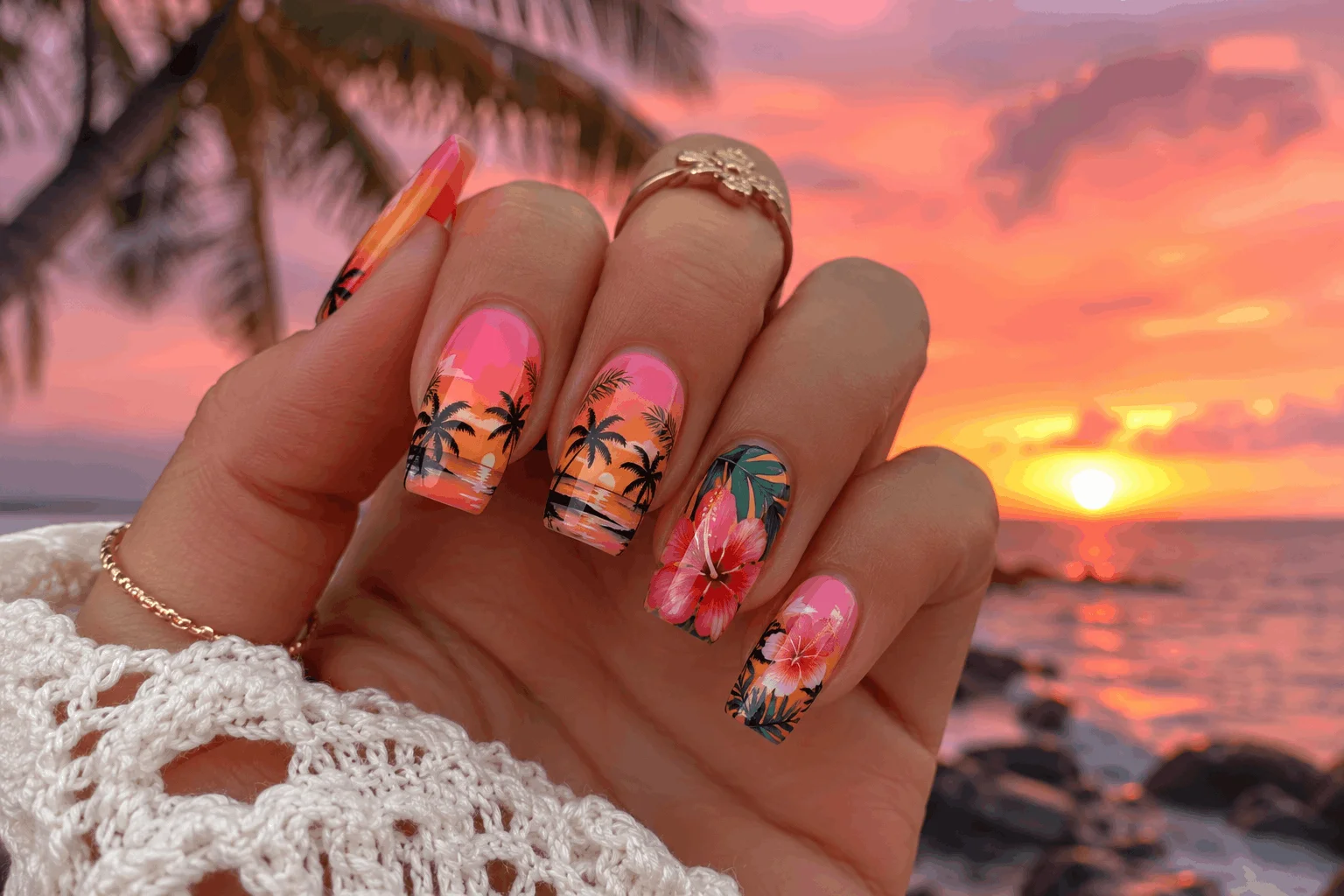 10 Tropical Sunset Nails That Scream Summer Vibes 9 Tropical flower sunset nails with hibiscus art