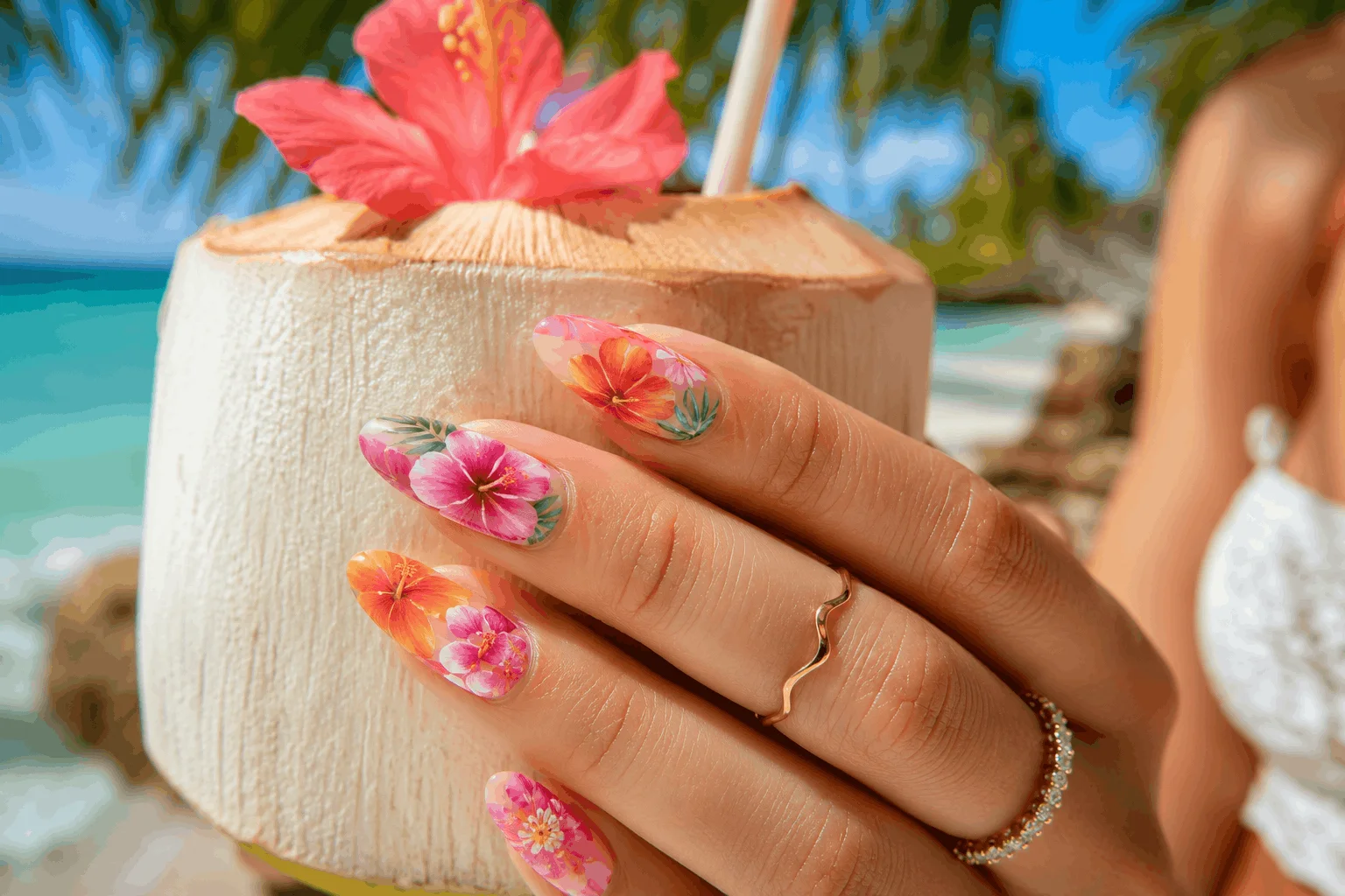10 Vacation Nails Summer Lovers Are Obsessed With 2 Tropical hibiscus flower nail art for summer vacation