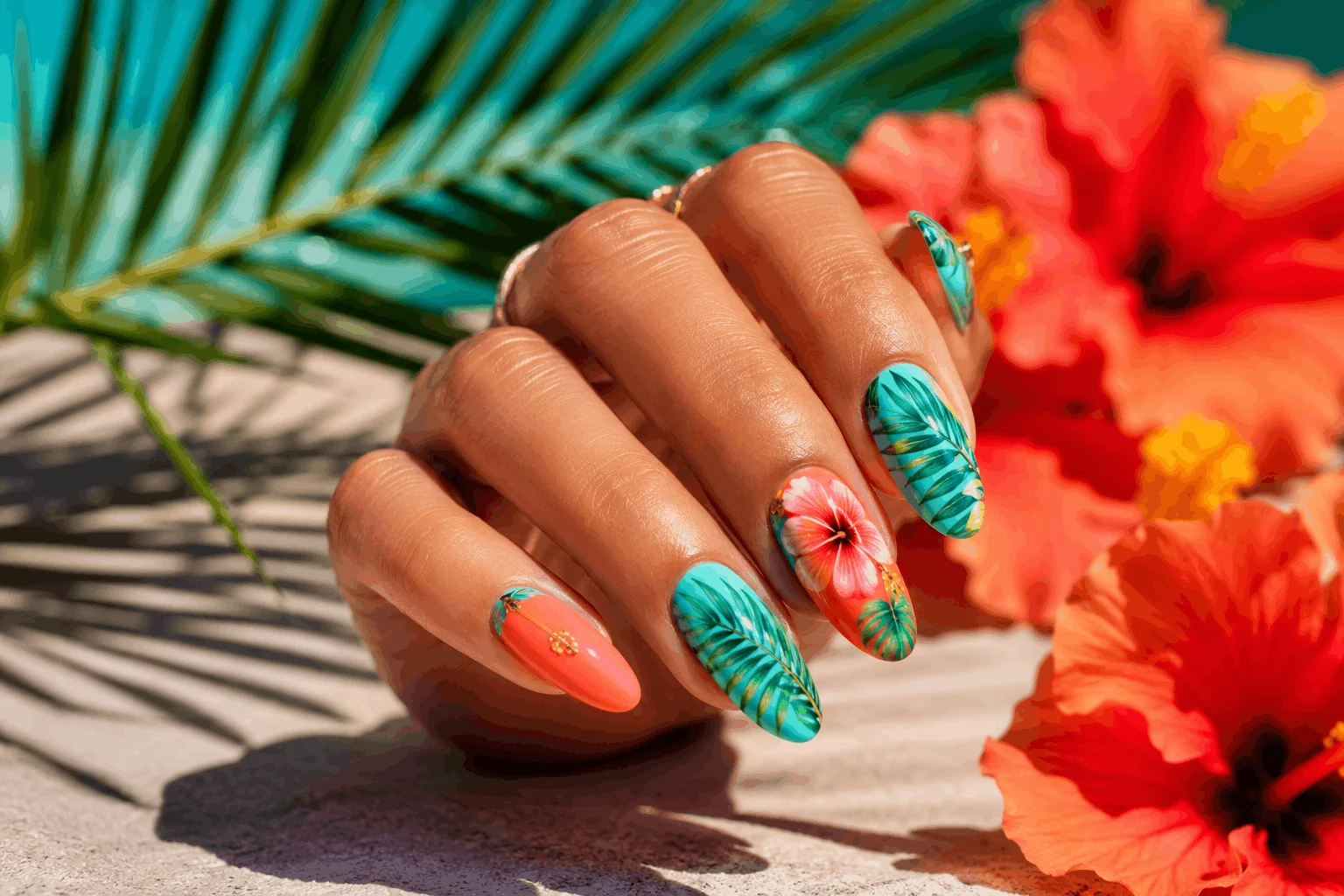 10 Hibiscus Flower on Nails Designs You’ll Love 3 Tropical hibiscus nails with palm leaf nail art
