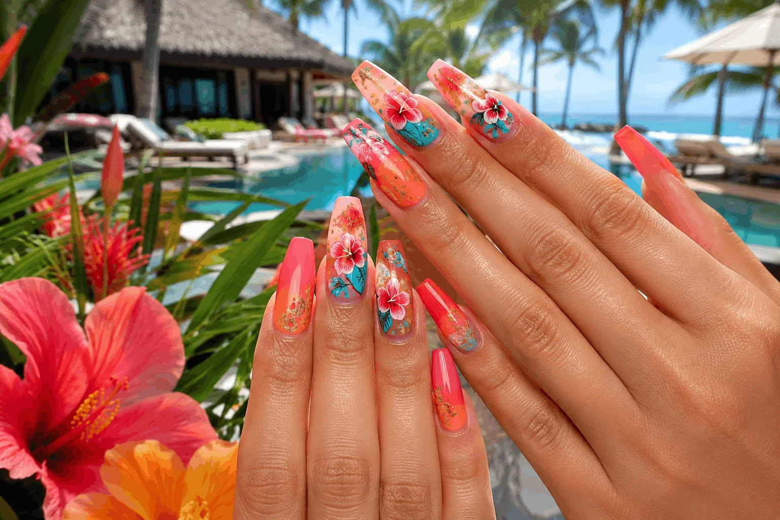 11 Summer Nails With Flowers You’ll Want ASAP 3 Tropical hibiscus summer nails with bright vacation colors