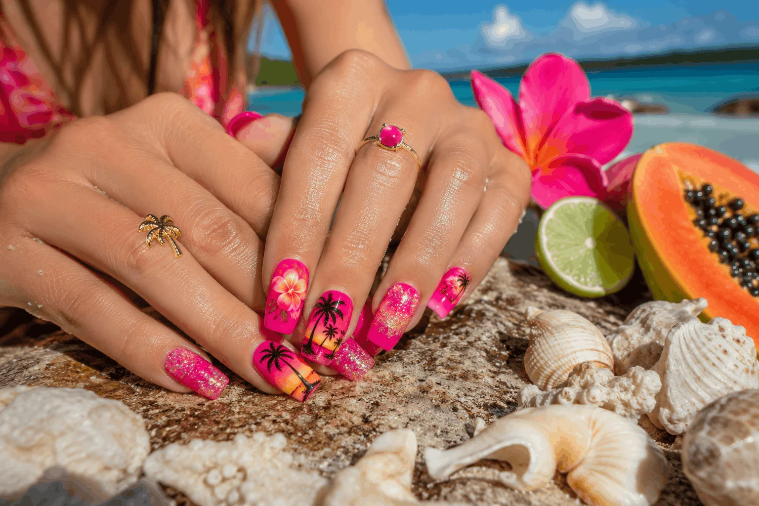 12 Hot Pink Summer Nails That Scream Vacation 4 Tropical hot pink nail art for summer vacation