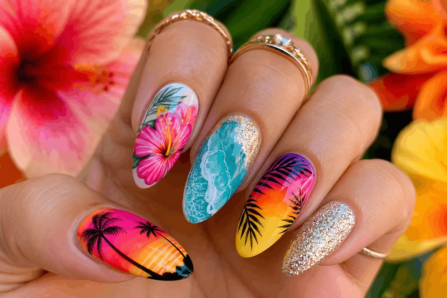 10 Summer Hibiscus Nails You’ll Want Right Away 11 Tropical mix-and-match hibiscus nail art for summer