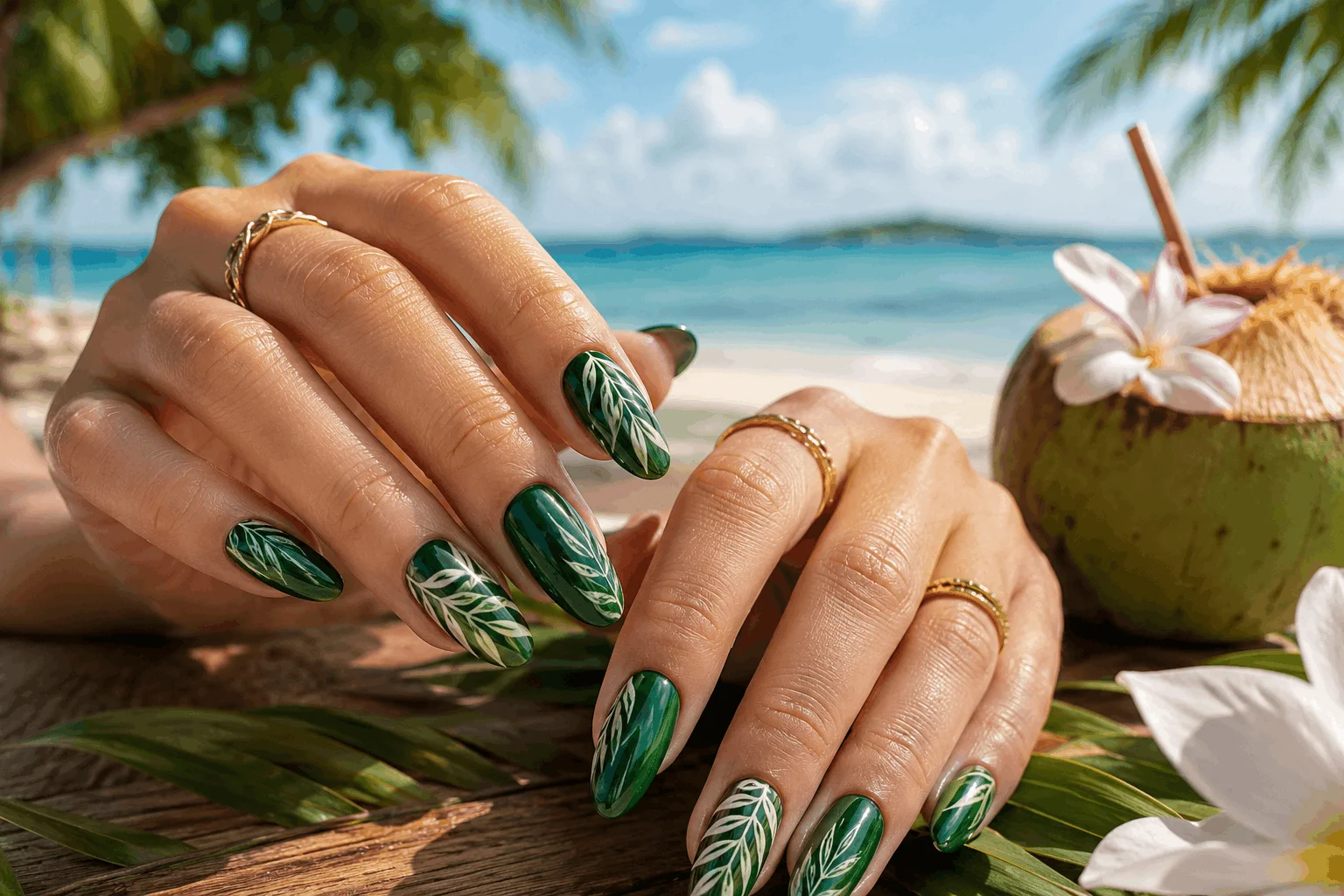12 Green Summer Nails That Scream Vacation Vibes 2 Tropical palm leaf green nail design for summer vacation