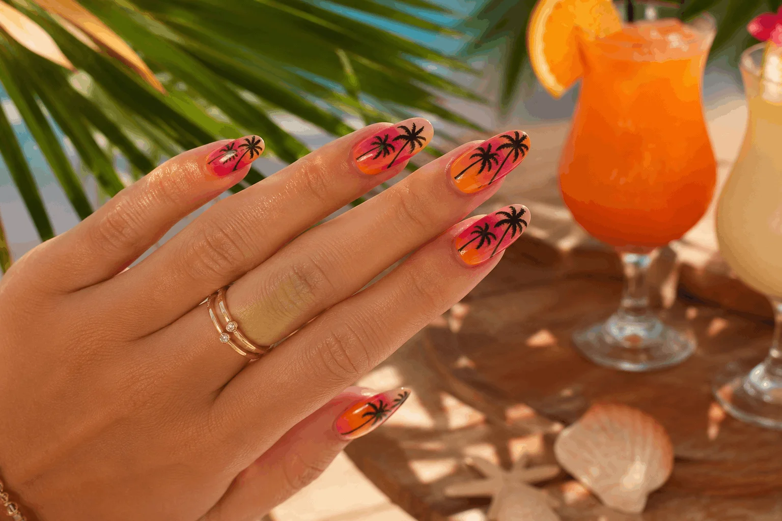 10 Summer Beach Nails Every Trend Lover Will Save 3 Tropical palm tree nail art with sunset colors