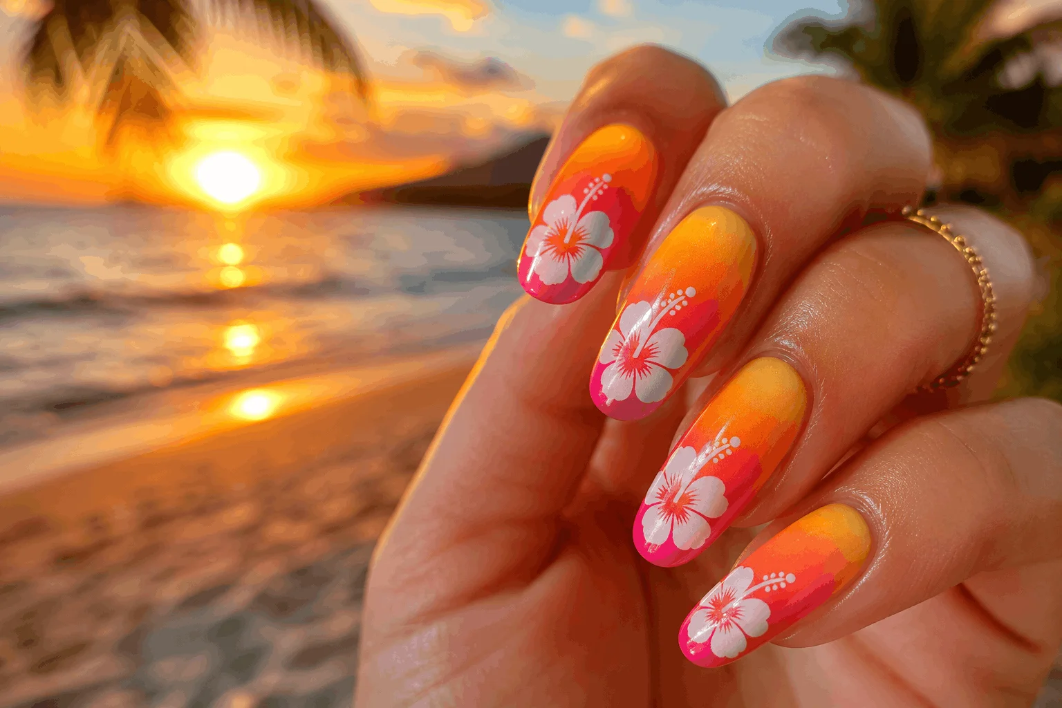 10 Summer Hibiscus Nails You’ll Want Right Away 3 Tropical sunset hibiscus nails with colorful ombré design