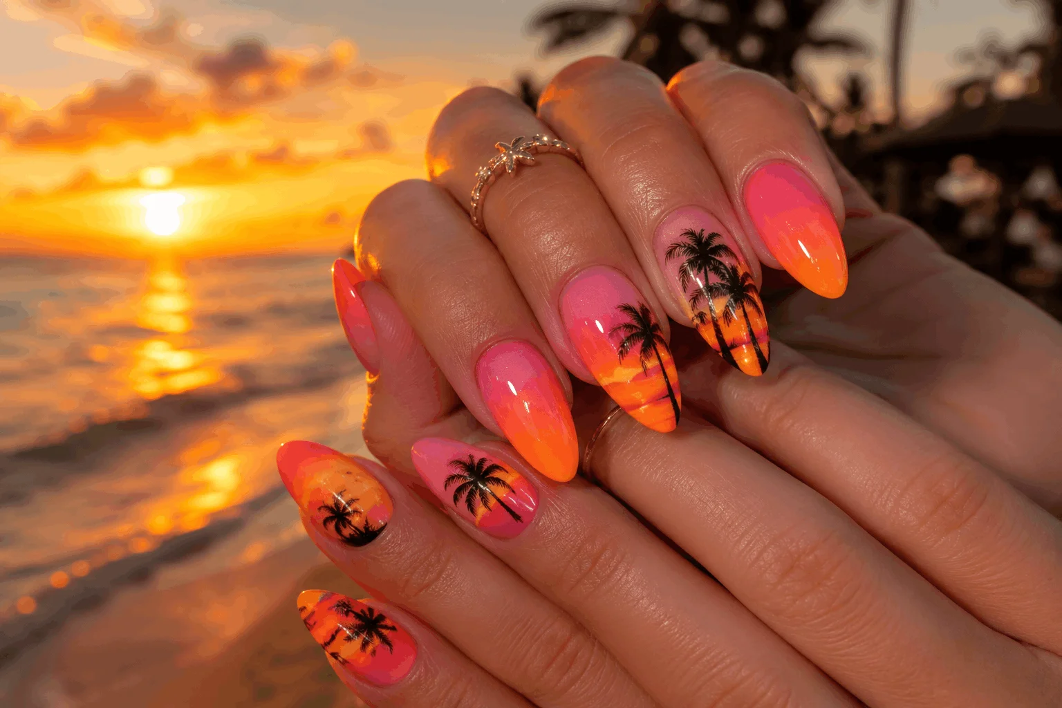 10 Summer Almond Nails for a Chic Beach Look 2 Tropical sunset summer almond nails with coral ombre design