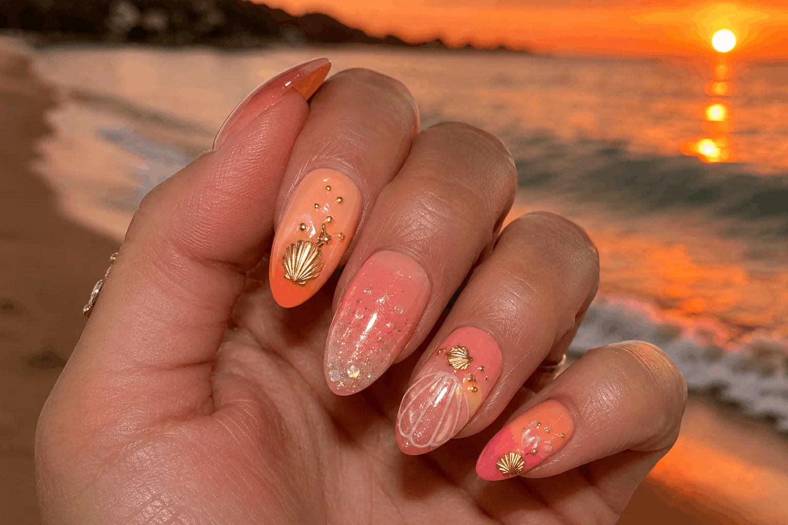 10 Summer Seashell Nails for a Coastal Glam Look 5 Tropical sunset summer seashell nail design