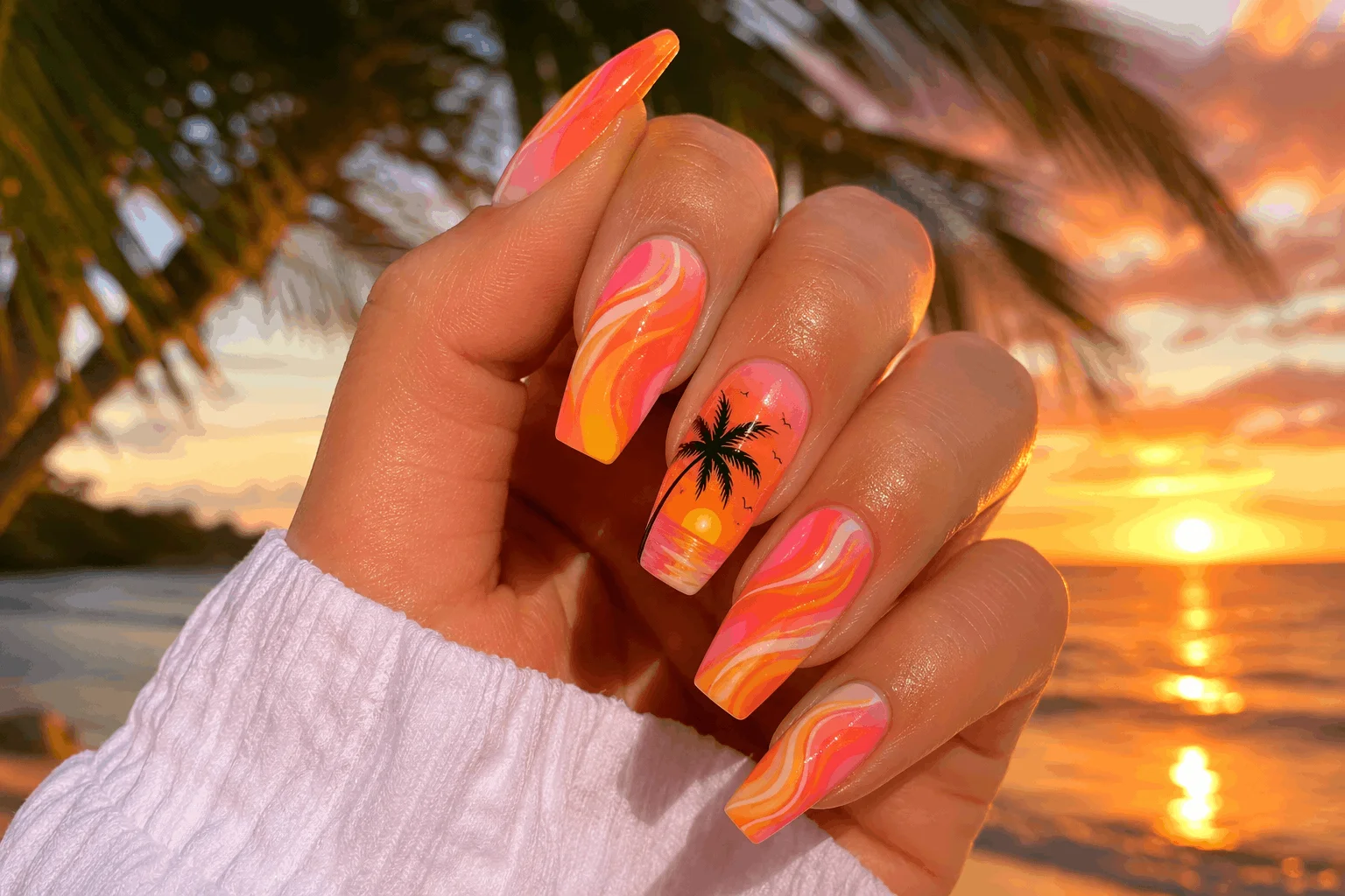 10 Wave Acrylic Nails Perfect for Summer Vibes 5 Tropical sunset wave acrylic nails with vibrant colors