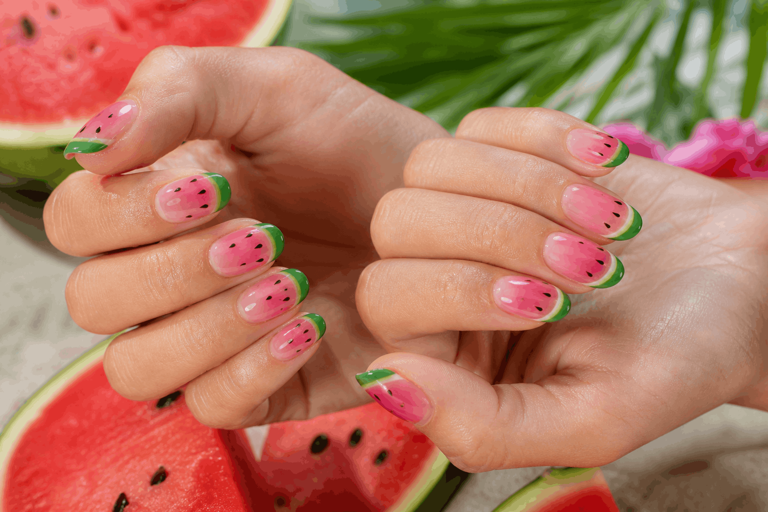 10 Fruit Gel Nails That Look Fresh and Fun 4 Watermelon fruit nails pink and green summer manicure