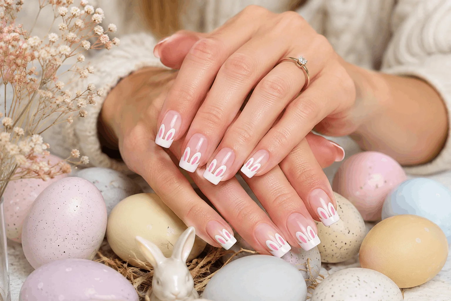 10 Easter Bunny Gel Nails You'll Want to Copy Fast 4 Classic white bunny nail design on pastel pink nails