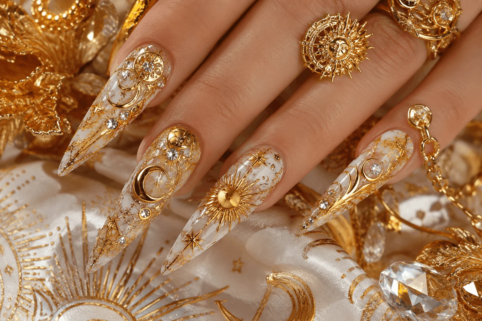 10 Goddess Nails Trends Taking Over Pinterest Now 11 Artistic gold goddess nails with celestial luxury details