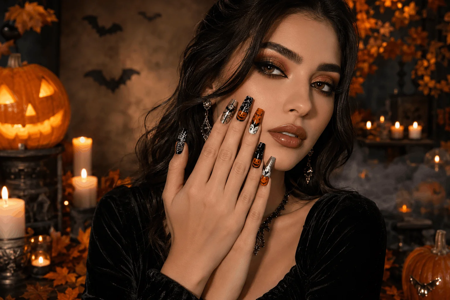 10 Halloween Acrylic Nails You'll Want This Spooky Season 1 Beautiful glamorous woman showcasing luxury Halloween acrylic nails with spooky nail art.