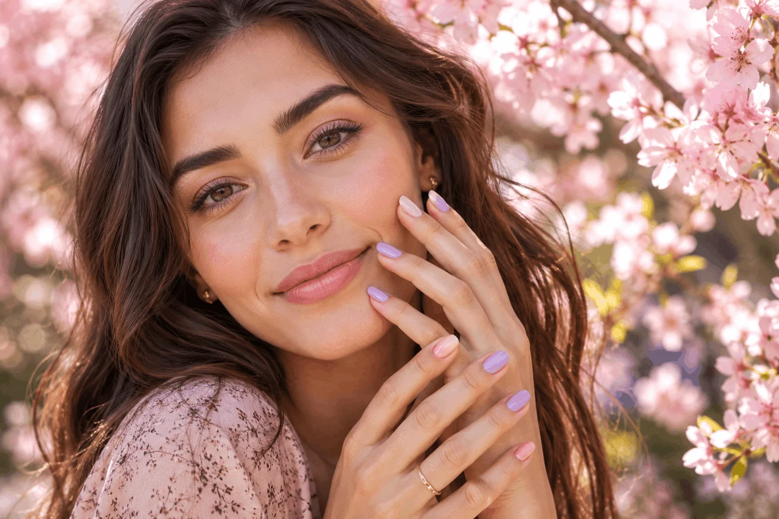 10 Simple Spring Nails Perfect for Everyday Style 1 Beautiful glamorous woman showcasing simple spring nails in pastel colors