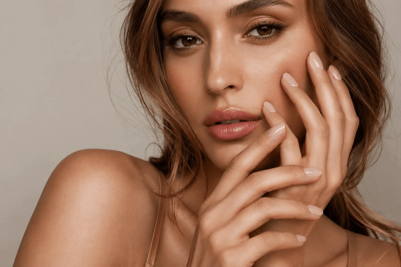 11 Nude Nails That Make Every Outfit Look Better 9 Beautiful glamorous woman showing elegant nude nails with luxury fashion styling