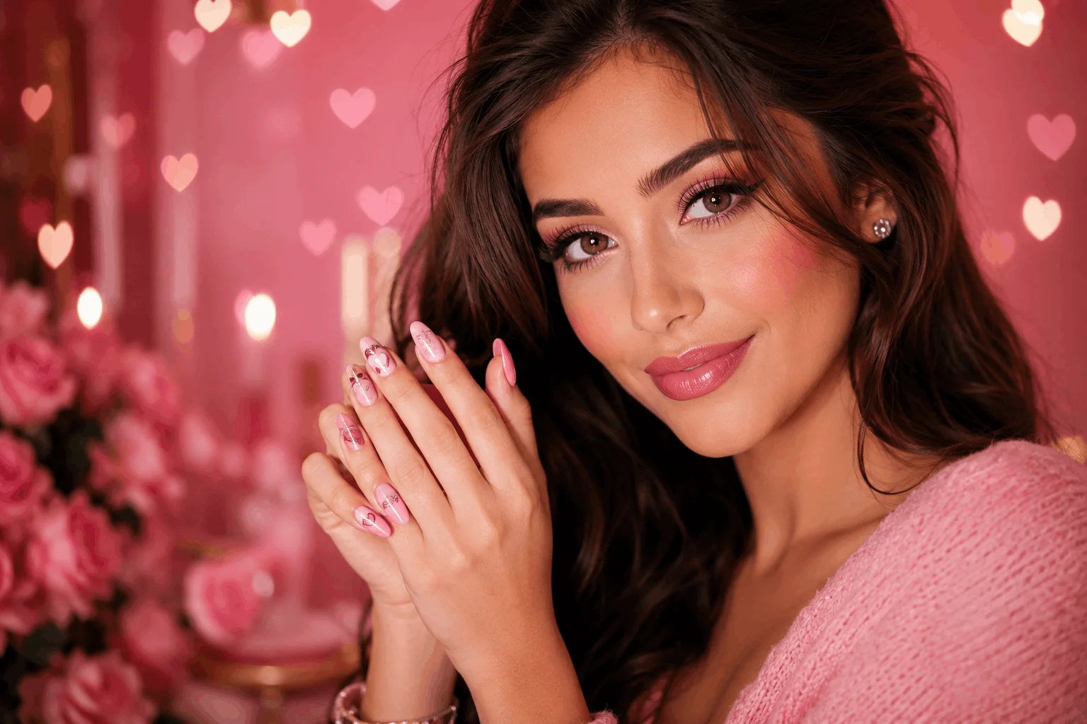 10 Cute Pink Valentines Nails for a Romantic Look 11 Beautiful glamorous woman showing pink Valentine's Day nails