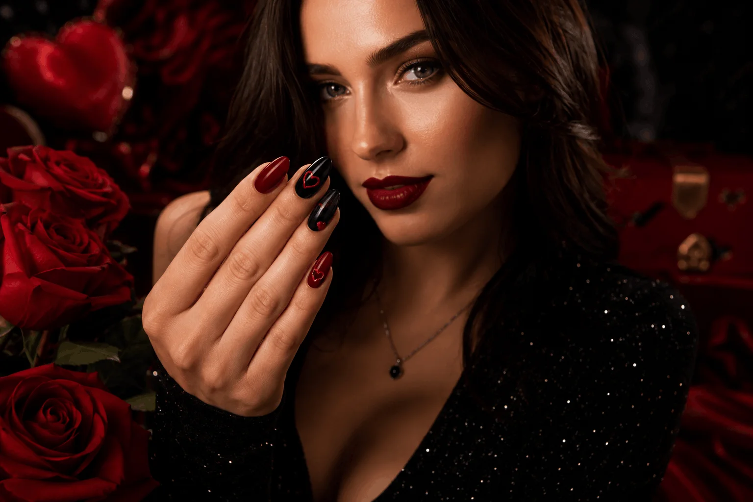 11 Dark Valentines Nails That Are Bold & Romantic 1 Beautiful glamorous woman with dark Valentine's Day nails featuring black and red romantic nail art