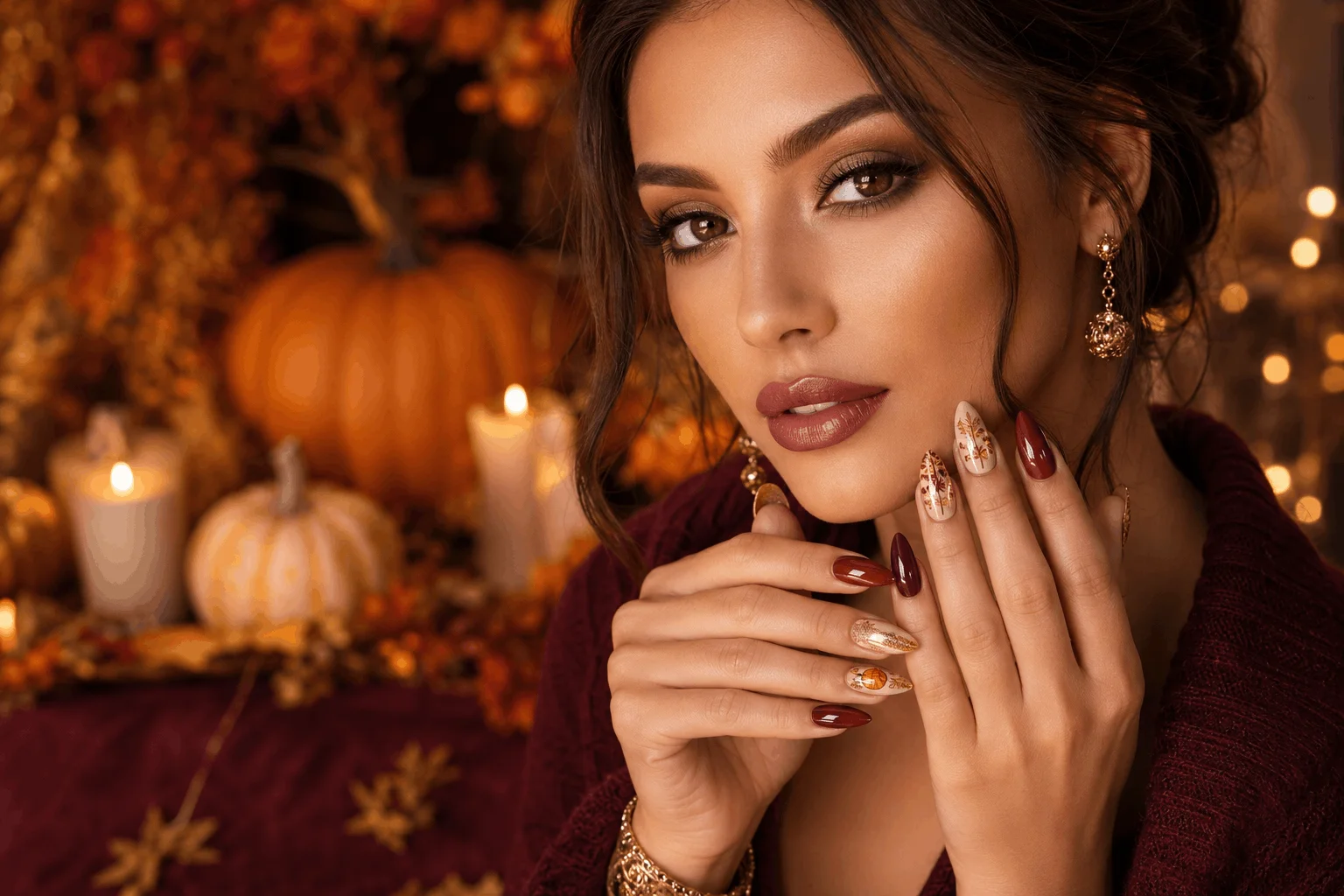 10 Thanksgiving Nail Designs That Steal the Show 1 Beautiful woman showing glamorous Thanksgiving nail designs with elegant autumn manicure